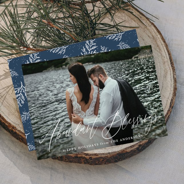 Elegant Abundant Blessings Script Navy Photo Holiday Card (Creator Uploaded)