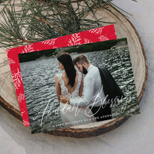Elegant Abundant Blessings Script Red Photo Holiday Card