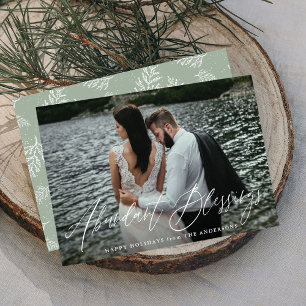 Elegant Abundant Blessings Script Sage Green Photo Holiday Card