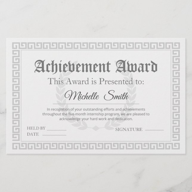 Elegant Achievement Award Certificate Personalised (Front)