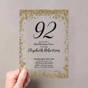 Elegant Acrylic 92nd Birthday Invitation in Gold