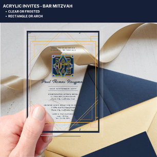 Elegant Acrylic BAR MITZVAH Navy Gold Modern Clear Invitations
