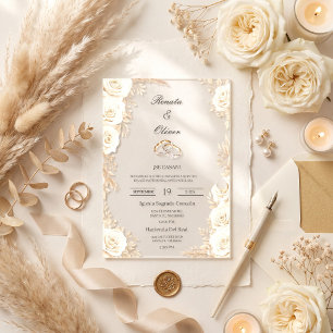 Elegant acrylic Ivory Rose Spanish Wedding Invitations