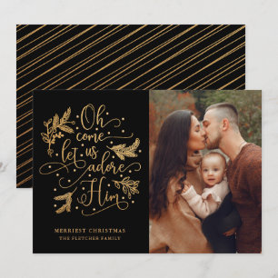 Elegant Adore Him   Photo Christmas   Gold Black Holiday Card