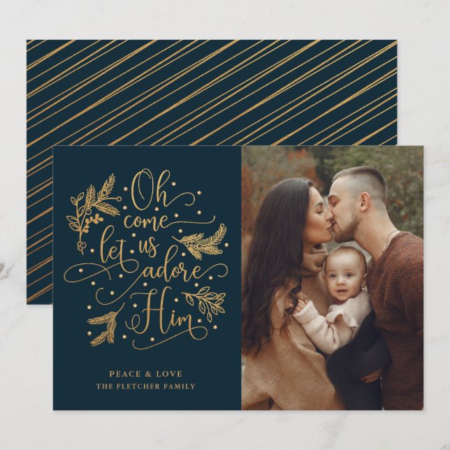 Elegant Adore Him | Photo Christmas | Gold Navy Holiday Card (Front/Back)