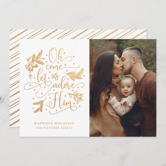 Elegant Adore Him | Photo Christmas | Gold White Holiday Card (Front/Back)