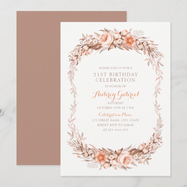 Elegant Adult 21st Birthday Party Floral Fall Invitation (Front/Back)