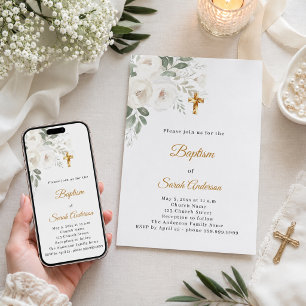 Elegant Adult Baptism Celebration white florals Invitation