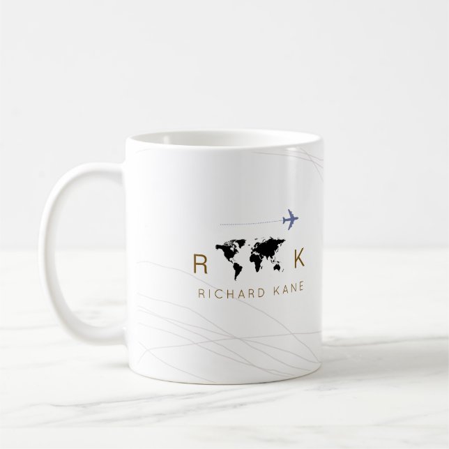 elegant aeroplane + map monogrammed on white coffee mug (Left)