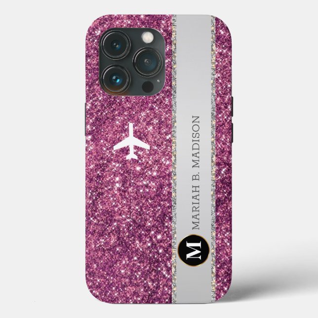 Elegant Aeroplane Pink Silver Glitter monogram Case-Mate iPhone Case (Back)