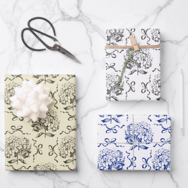 Elegant Aesthetic Hydrangea Bow Toile Pattern Wrapping Paper Sheet (Front)