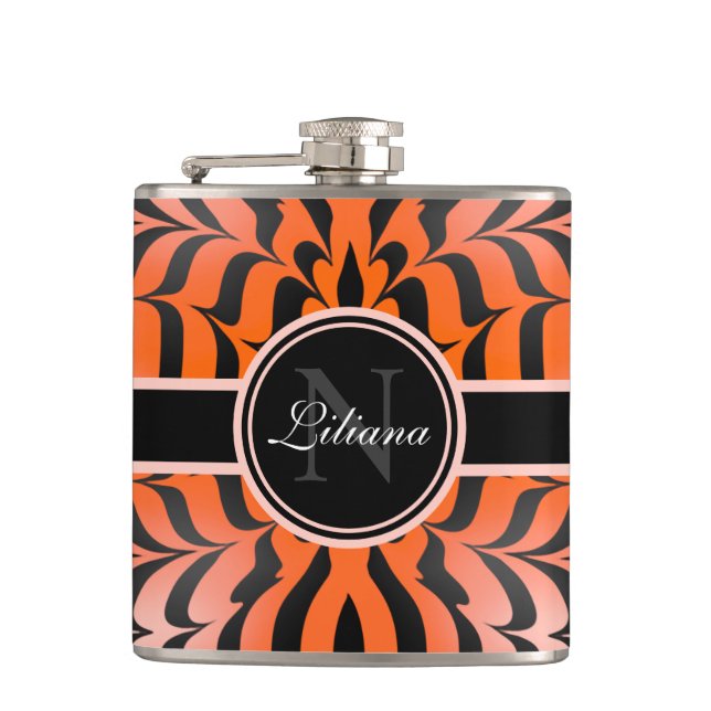 Elegant Aesthetic Orange & Black Tiger Skin Print Hip Flask (Front)