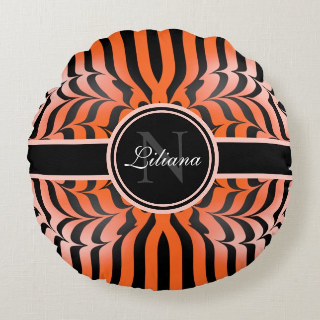 Elegant Aesthetic Orange & Black Tiger Skin Print Round Cushion (Front)