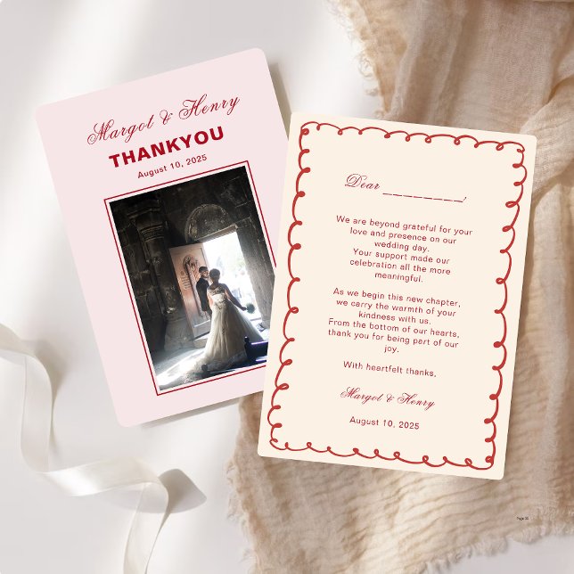 Elegant Aesthetic Red Modern Wedding Photo  Thank You Card (Creator Uploaded)