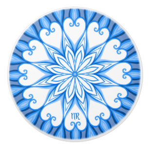 Elegant Aesthetic White & Blue Mandala Monogrammed Ceramic Knob