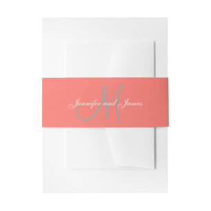 Elegant Affair Coral Grey Monogram Script Wedding Invitation Belly Band