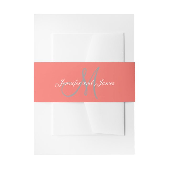 Elegant Affair Coral Grey Monogram Script Wedding Invitation Belly Band (Front Example)