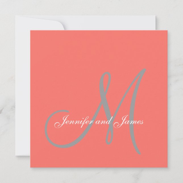 Elegant Affair Coral Grey Script Monogram Wedding Invitation (Front)
