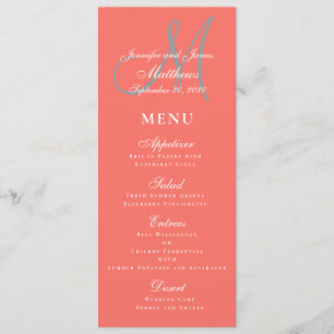 Elegant Affair Coral Grey Script Monogram Wedding Menu