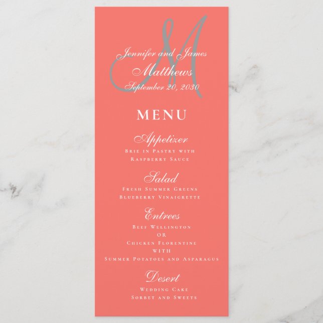 Elegant Affair Coral Grey Script Monogram Wedding Menu (Front)