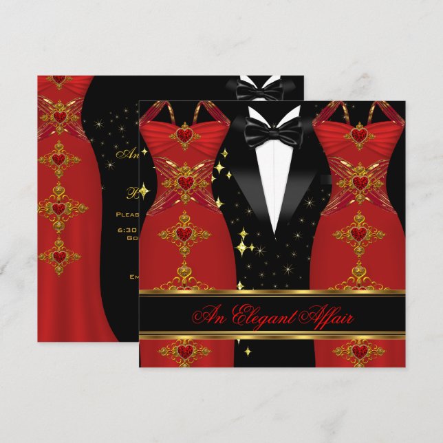 Elegant Affair Red Dress Black Tie Gold Birthday 3 Invitation (Front/Back)
