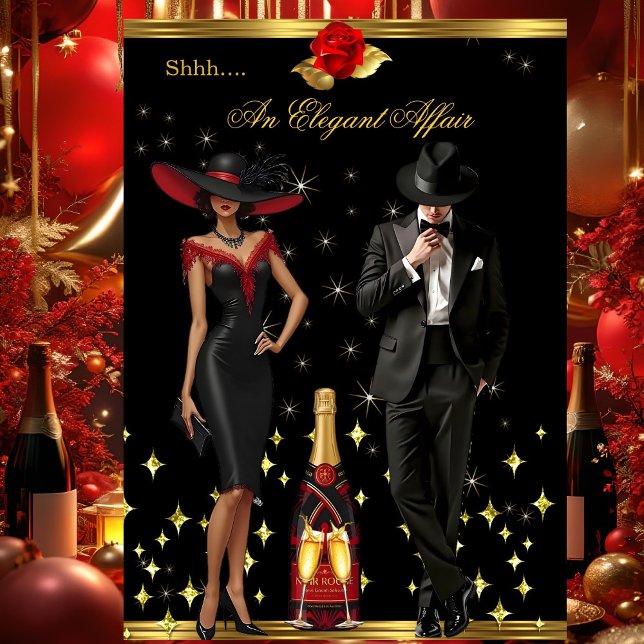 Elegant Affair Red Dress Tuxedo Gold Birthday shh Invitation (Creator Uploaded)