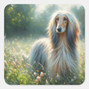 Elegant Afghan Hound – Floral Meadow Painting Square Sticker