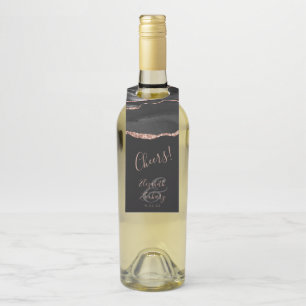 Elegant Agate Black Rose Gold Dark Wedding Cheers Bottle Tag