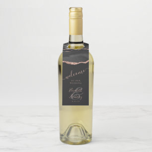 Elegant Agate Black Rose Gold Dark Wedding Welcome Bottle Tag