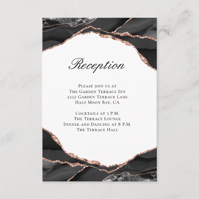 Elegant Agate Black Rose Gold Wedding Reception Enclosure Card (Front)