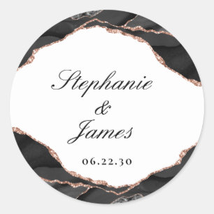 Elegant Agate Black White Rose Gold Foil Wedding Classic Round Sticker