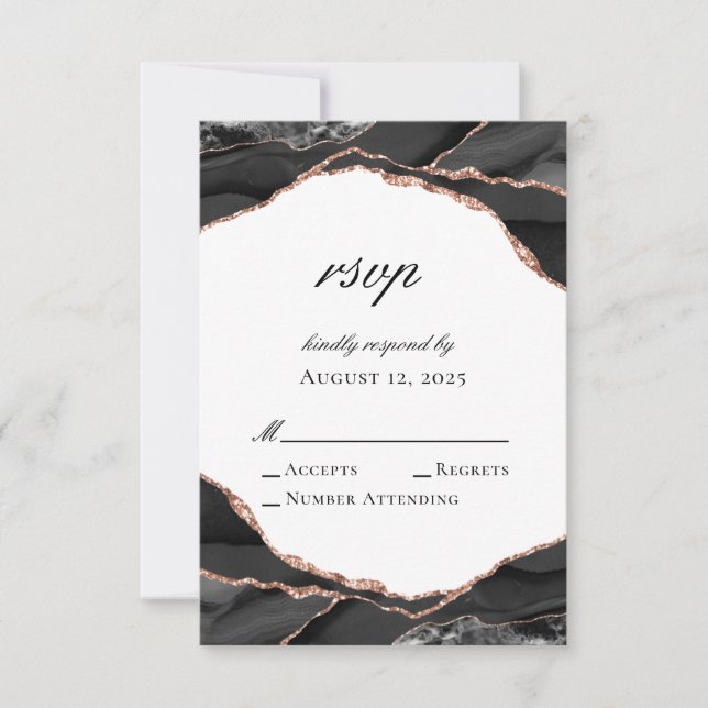 Elegant Agate Black White Rose Gold Wedding RSVP Card (Front)