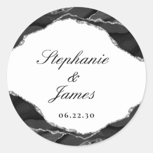 Elegant Agate Black White Silver Foil Wedding Classic Round Sticker