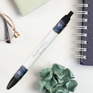 Elegant Agate Blue Gold Wedding Keepsake Blue Ink Pen