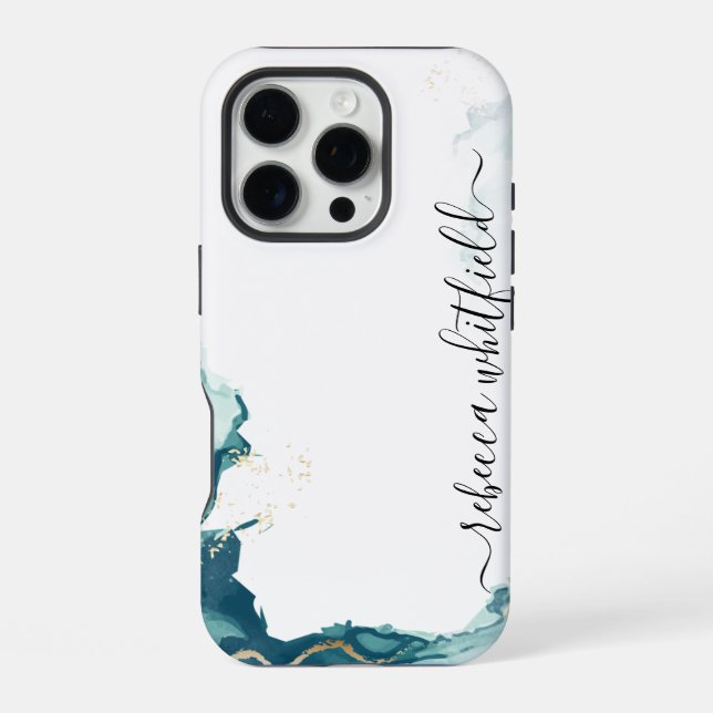 Elegant Agate Marble Pattern Monogram Script iPhone Case (Back)