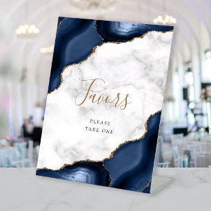 Elegant Agate Navy Blue Gold Marble Wedding Favors Pedestal Sign