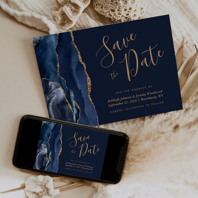Elegant Agate Navy Blue Gold Save the Date Invitation (Creator Uploaded)