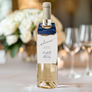 Elegant Agate Navy Blue Gold Wedding Welcome Bottle Tag