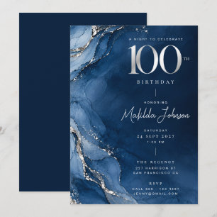 Elegant Agate Navy Blue Silver 100th Birthday Invitation