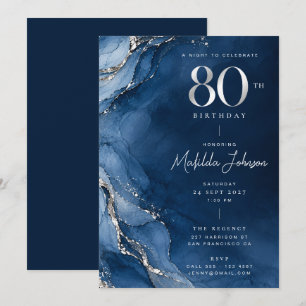 Elegant Agate Navy Blue Silver 80th Birthday Invitation