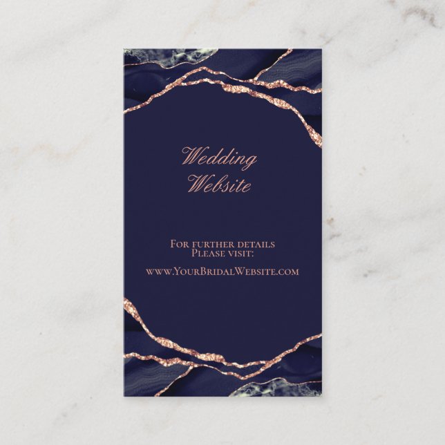 Elegant Agate Navy Rose Gold Wedding Website Enclosure Card (Front)
