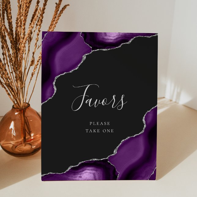 Elegant Agate Purple Silver Dark Wedding Favours Pedestal Sign (Creator Uploaded)