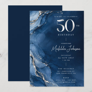 Elegant Agate Silver Navy Blue 50th Birthday Invitation
