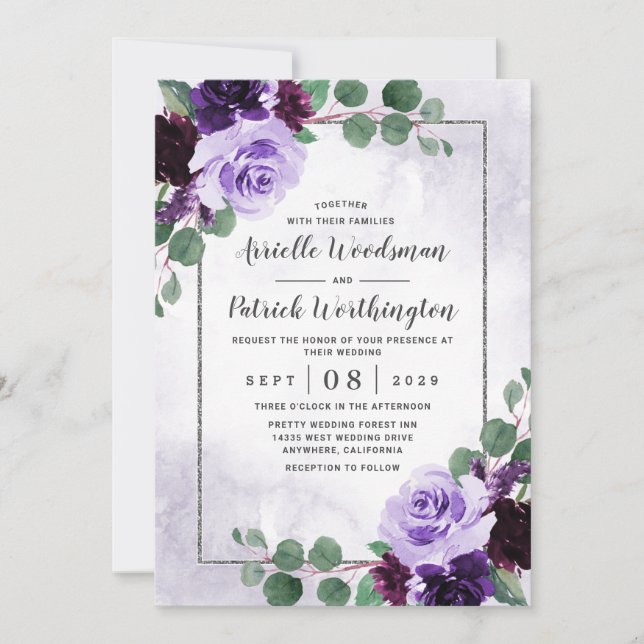 Elegant Airy Boho Floral Purple and Silver Wedding Invitation (Front)