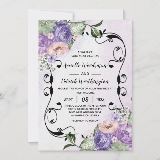 # Elegant Airy Boho Floral Purple & Silver Wedding Invitation (Front)