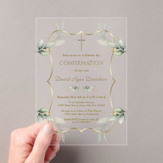 Elegant Airy Greenery Gold Cross Confirmation Acrylic Invitations