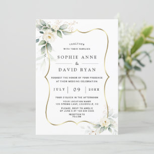 Elegant Airy Greenery White Flowers Gold Wedding   Invitation