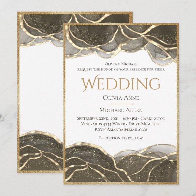 Elegant Alcohol Ink Gold Black Wedding Invitation (Front/Back)
