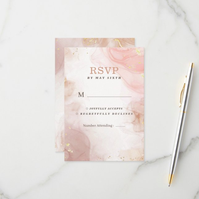 Elegant Alcohol Ink Gold Blush Pink Minimal Modern RSVP Card (Front/Back In Situ)
