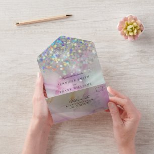 Elegant Alcohol Ink Marble Holographic Glitter All In One Invitation